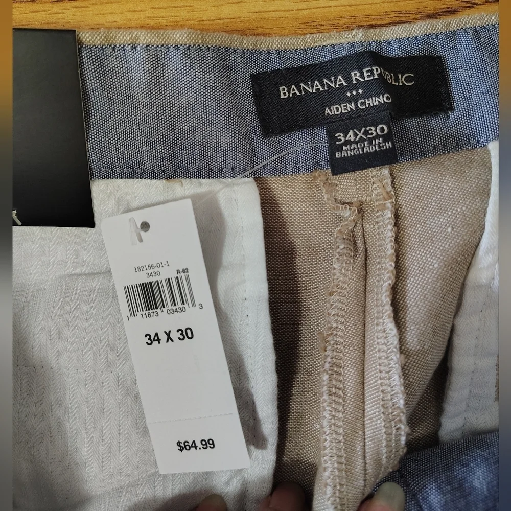 Banana Republic Men's Aiden Chino Slim Leg Linen High Rise Pants sz 34x30, Tan.